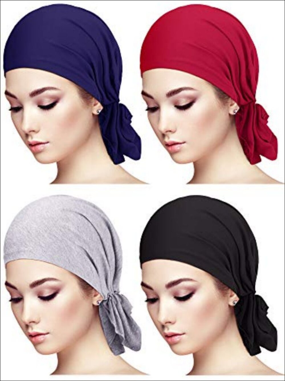 4 Pc Slip On Pre Tied Head Scarves Modal Cotton Turban Beanie Caps